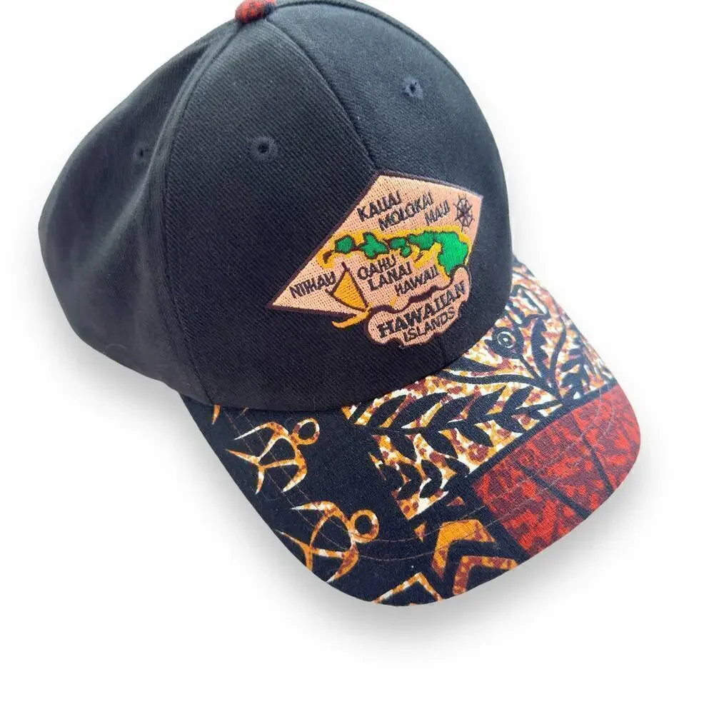 Vintage Hawaiian Islands Tribal Hat Strapback Black Brown Embroidered Hawaii